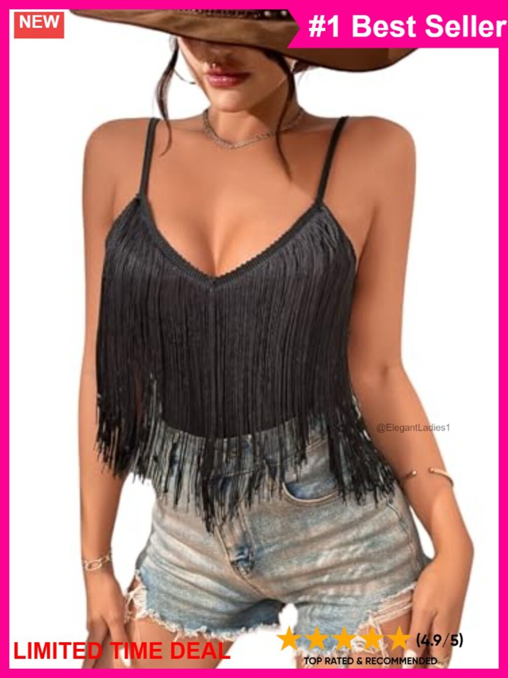 Fringe Tank Top Sleeveless V-Neck Backless Adjustable Strap Women's Western